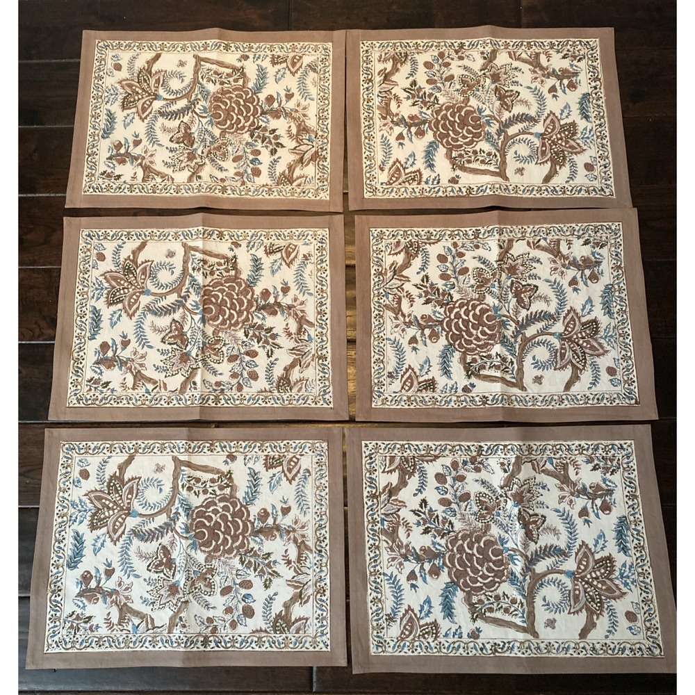 Set/Lot 6 Hand Block Printed Cotton Canvas Placemats 13x18" Dusk Chitz Blue Tan